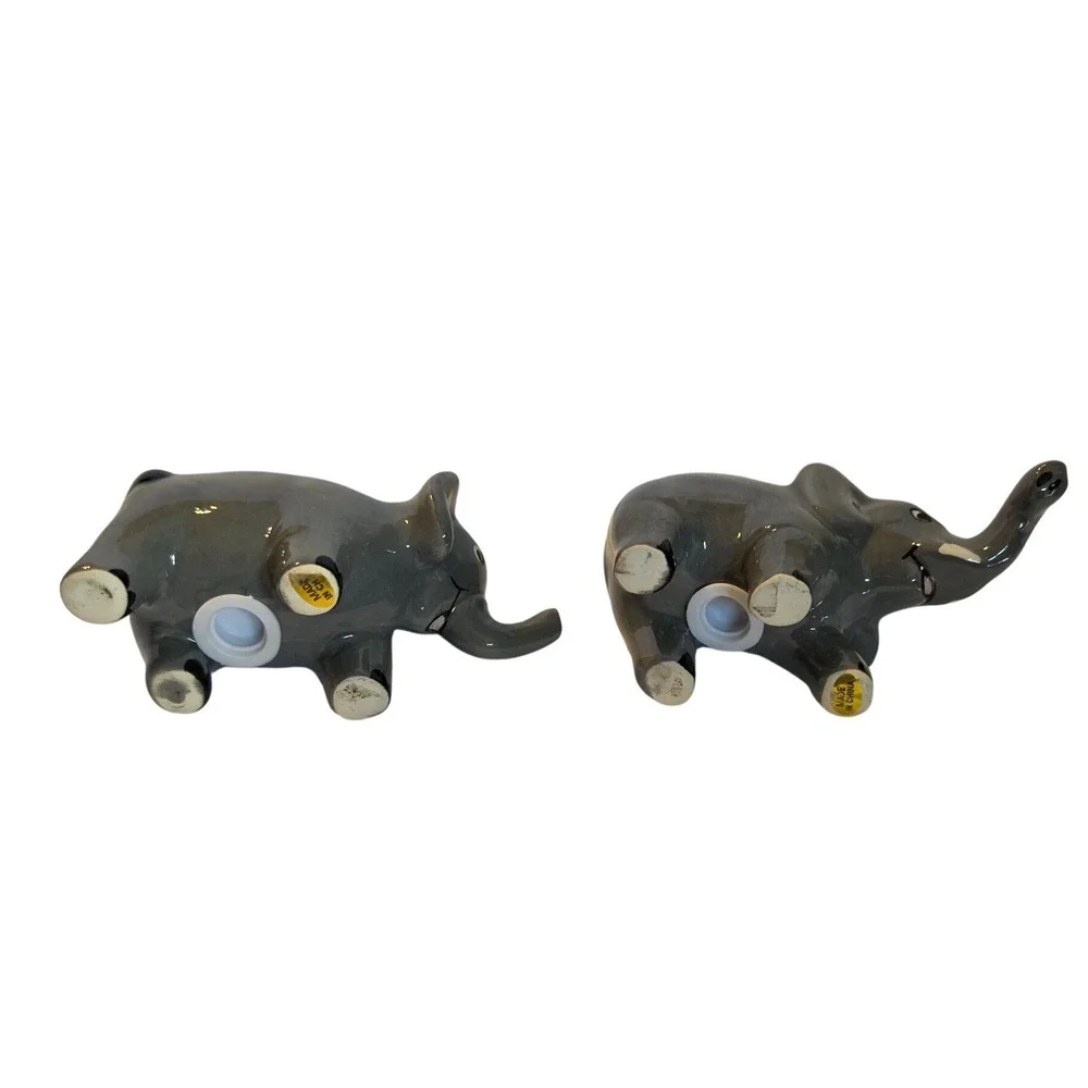 Vintage Grey Ceramic Elephant Salt and Pepper Shakers Set Glossy‎ Animal Decor